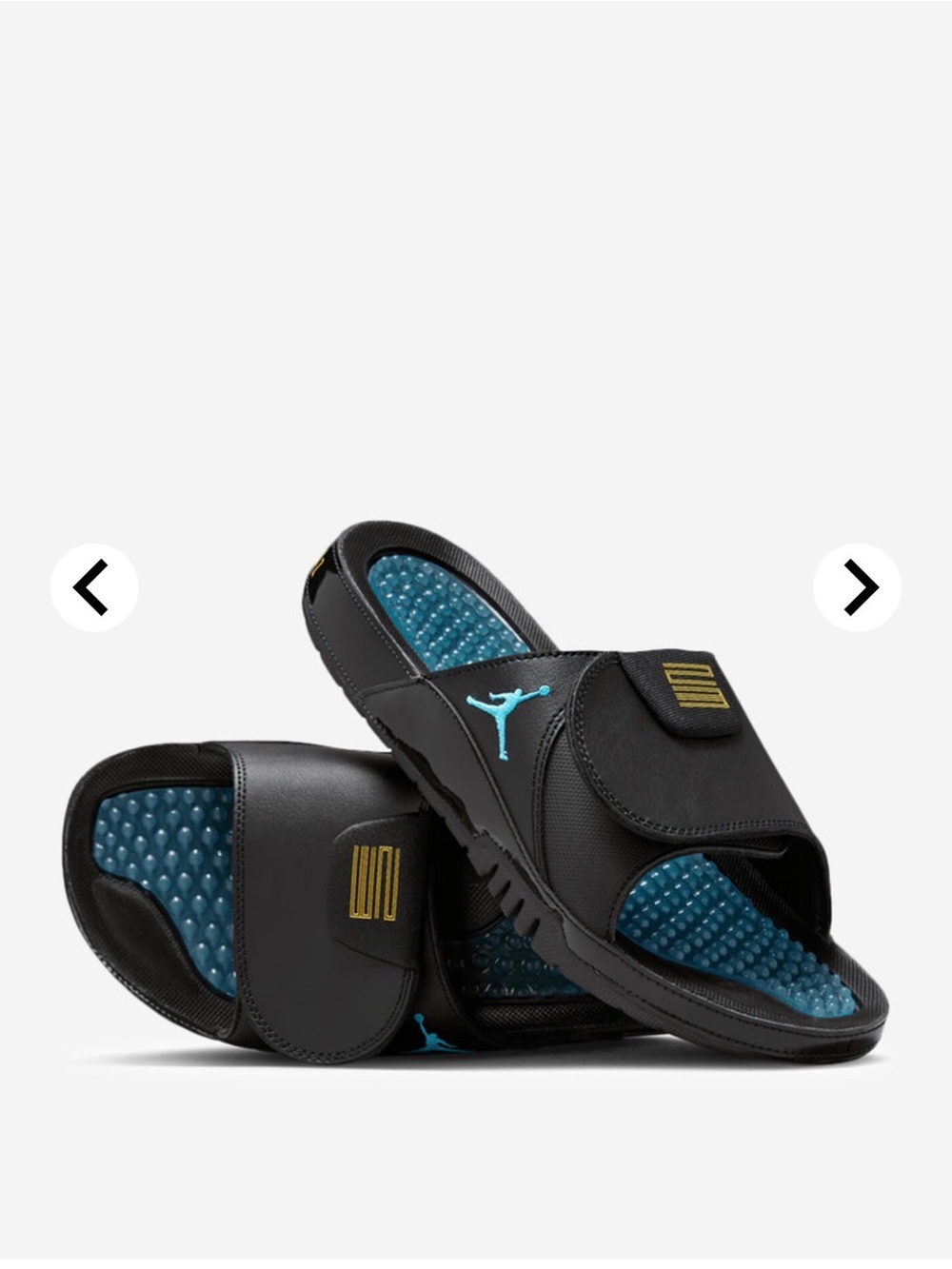 Jordan Hydro XI Black Slides with Teal Footbed and Gold Accents